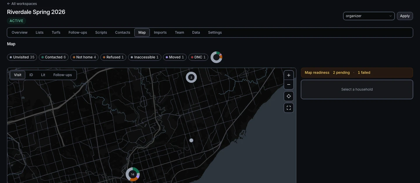 GoCanvass map showing households grouped into walkable turf zones with live canvass results