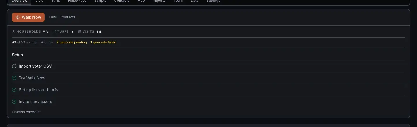 Dashboard showing CSV import and column mapping for a voter list
