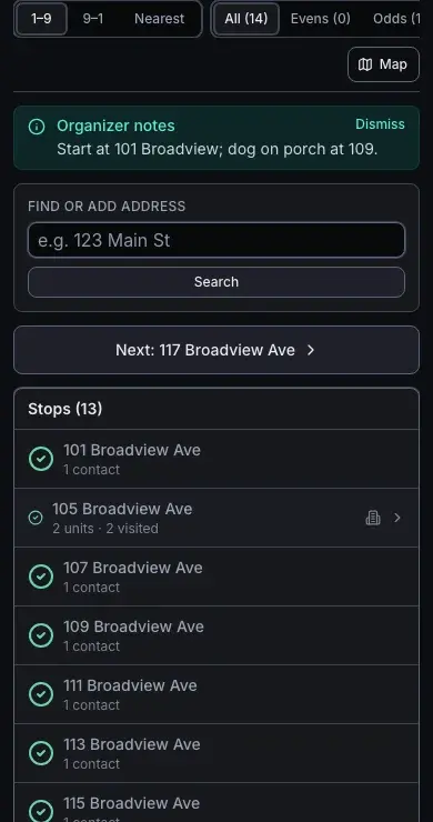 Mobile view of assigned doors with status and result logging