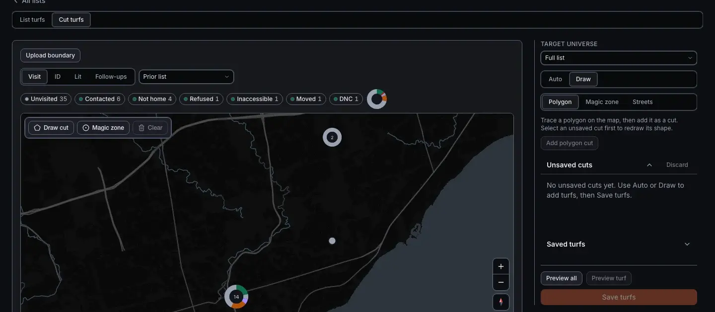 Turf management view with auto-generated and hand-drawn zones on the map